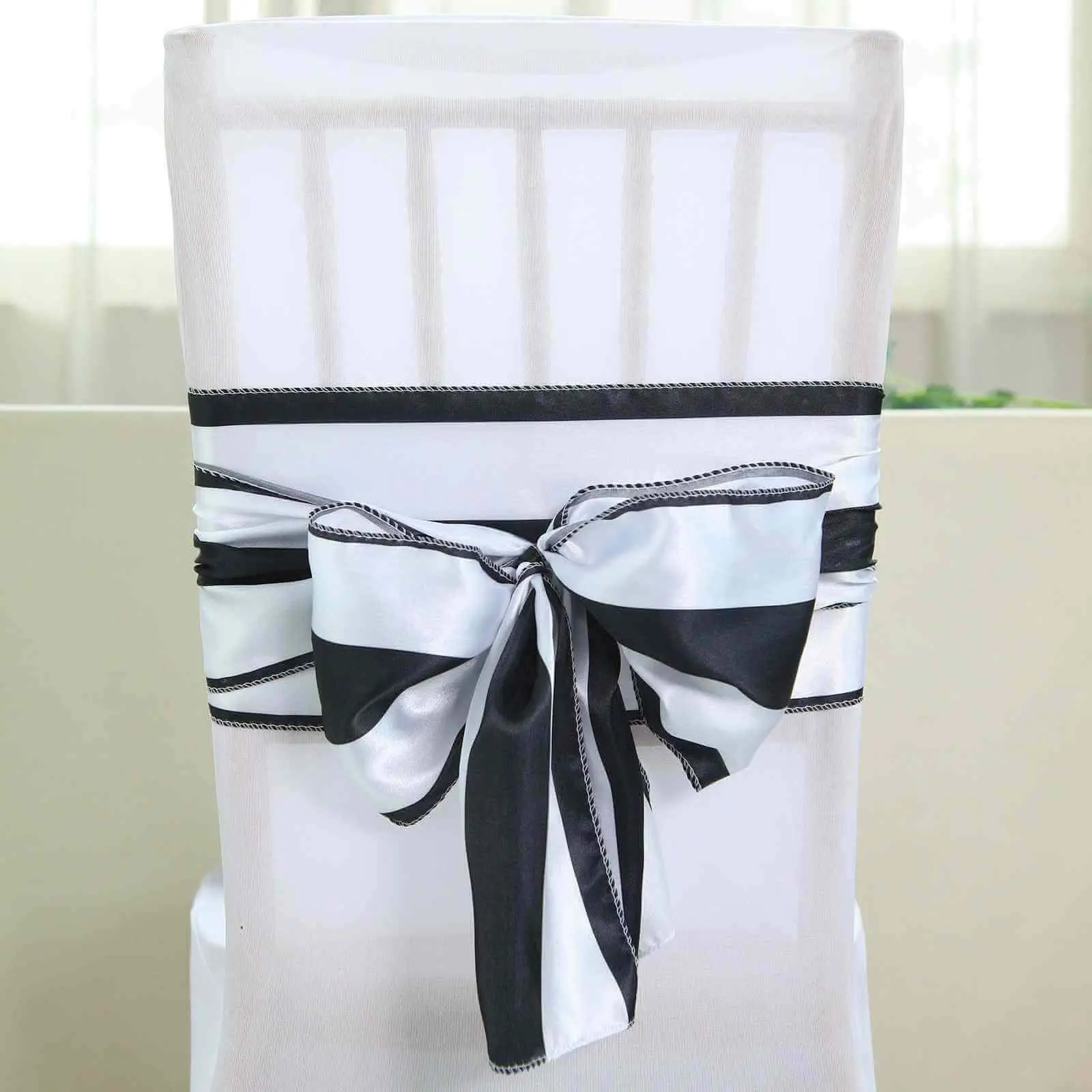5 Pack Reusable Satin Chair Sashes, 6"x108" Black and White Stripes - Stylish Decorative Chair Cover Accessories for Wedding Events, Hotels, Restaurants, with Dry Clean Care