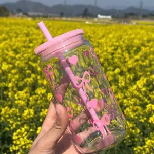 Cute Bow Glass Tumbler with Pink Straw Aesthetic Coffee Cup for Daily Use Reusable Drinkware with Heart Design Perfect for Iced Coffee Juice Smoothies or Water Pastel Colors