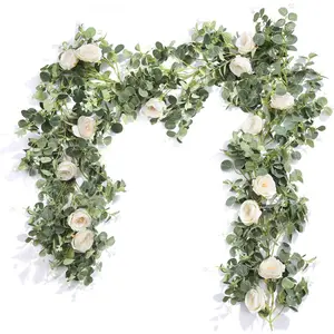 2 count 13FT Artificial Flower Garland, White  & Eucalyptus Floral Garland, Faux Flower Vine for Wedding Decor Table Runner Arch & Backdrop Decor