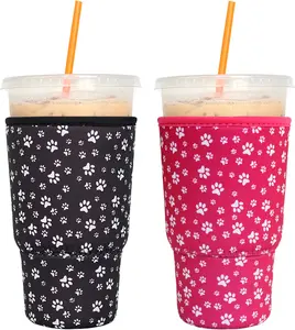 2 Pack  Iced Coffee Sleeves -  Insulator Sleeve for Large Size Cold Beverages, Neoprene Coffee Cup Holder (Paw print, Large 32oz)