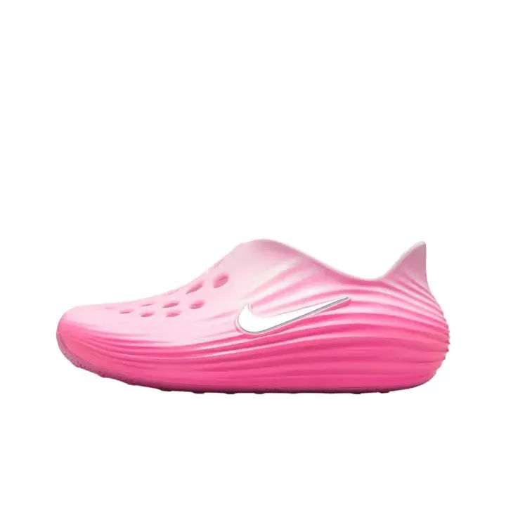 Gradient Hot Pink White-logo Slip-on Hollow Clogs, undulating horizontal ripple molded upper, flexible grooved anti-slip outsole. Ideal for poolside hangouts and summer outings, lovely girly casual styling