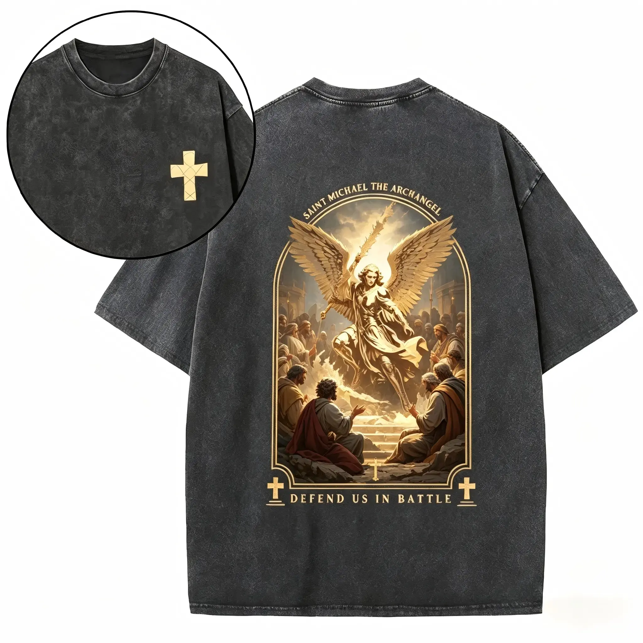 Vintage Washed Unisex Oversized Crewneck T Shirt, Distressed Black Christian Angel Warrior Graphic, Retro Grunge Casual Streetwear Summer Daily Top Apparel For Men And Women
