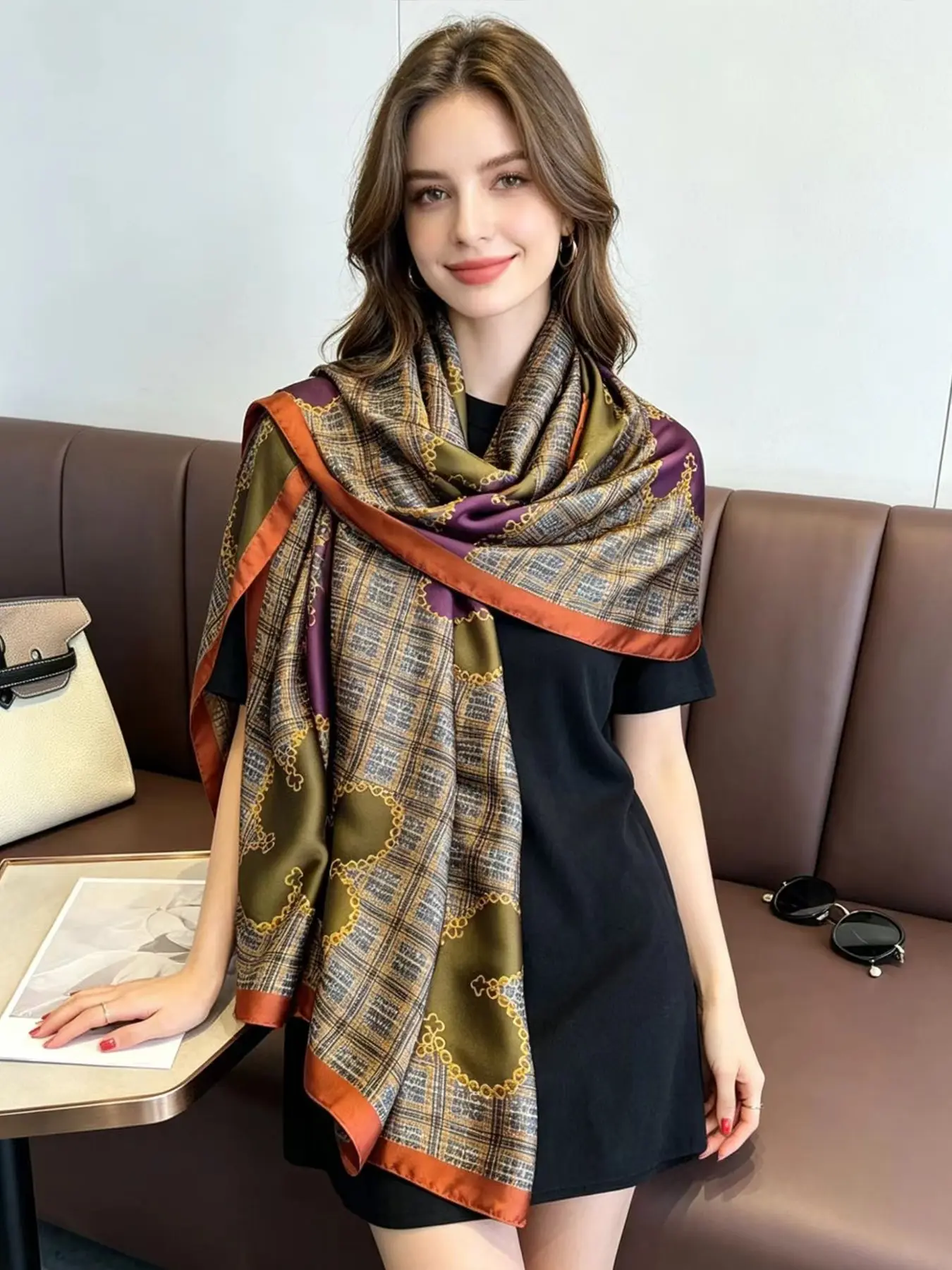 New Fashion High-End Plaid Checkered Scarf Long Shawl for Dress Print Wrap Spring Summer Women's Luxury Versatile Beach Towel Silk Scarf