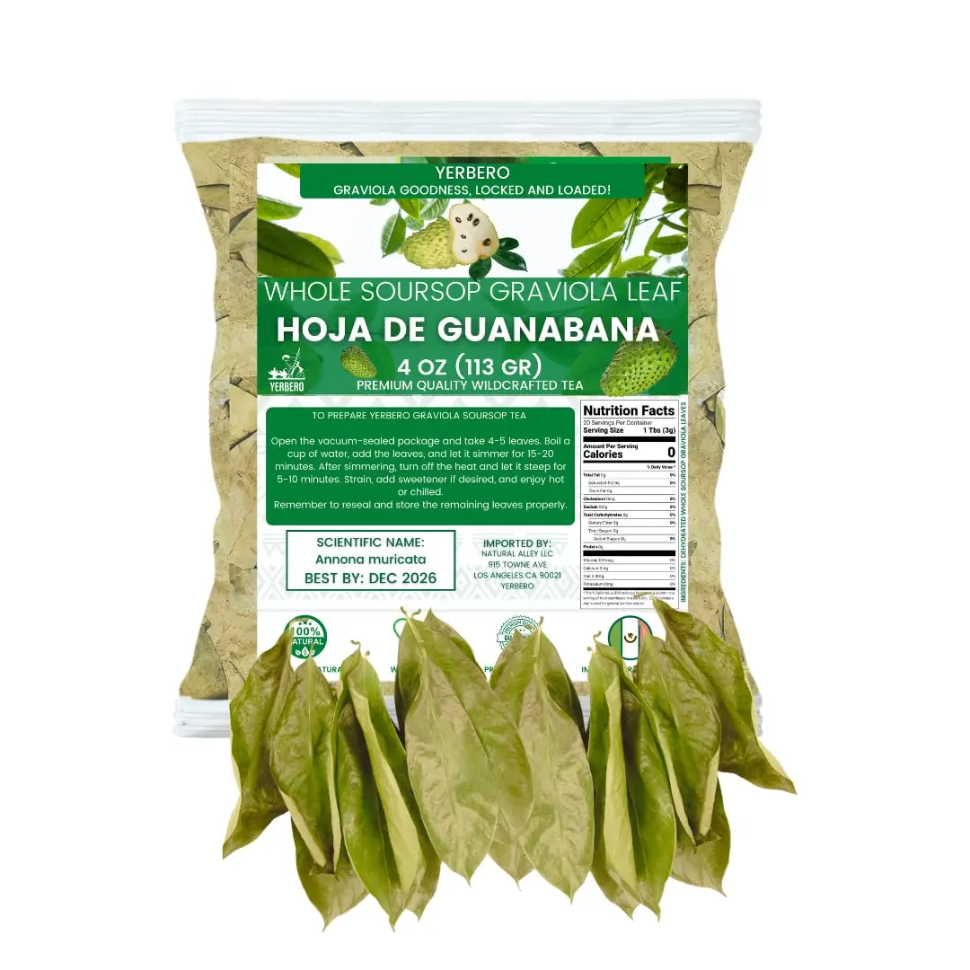 Yerbero Whole Dried Graviola Soursop Loose Leaf Tea, 5 oz (410+ Leaves/Bag) Hoja De Guanabana, 100% Natural Flavor Beverage, Premium Wildcrafted from Mexico for Tea Lovers & Natural Living