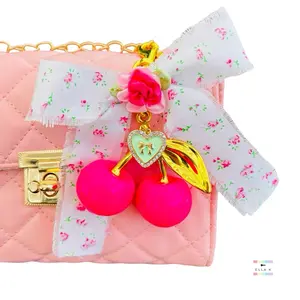 Pink Flora Coquette Bow Cherry Bag Charm / Neon Pink Cherry Rosette Flora Bow Bag Charm / Handmade Flora Cotton Coquette Bow Cherry Charm / Fashion Accessory