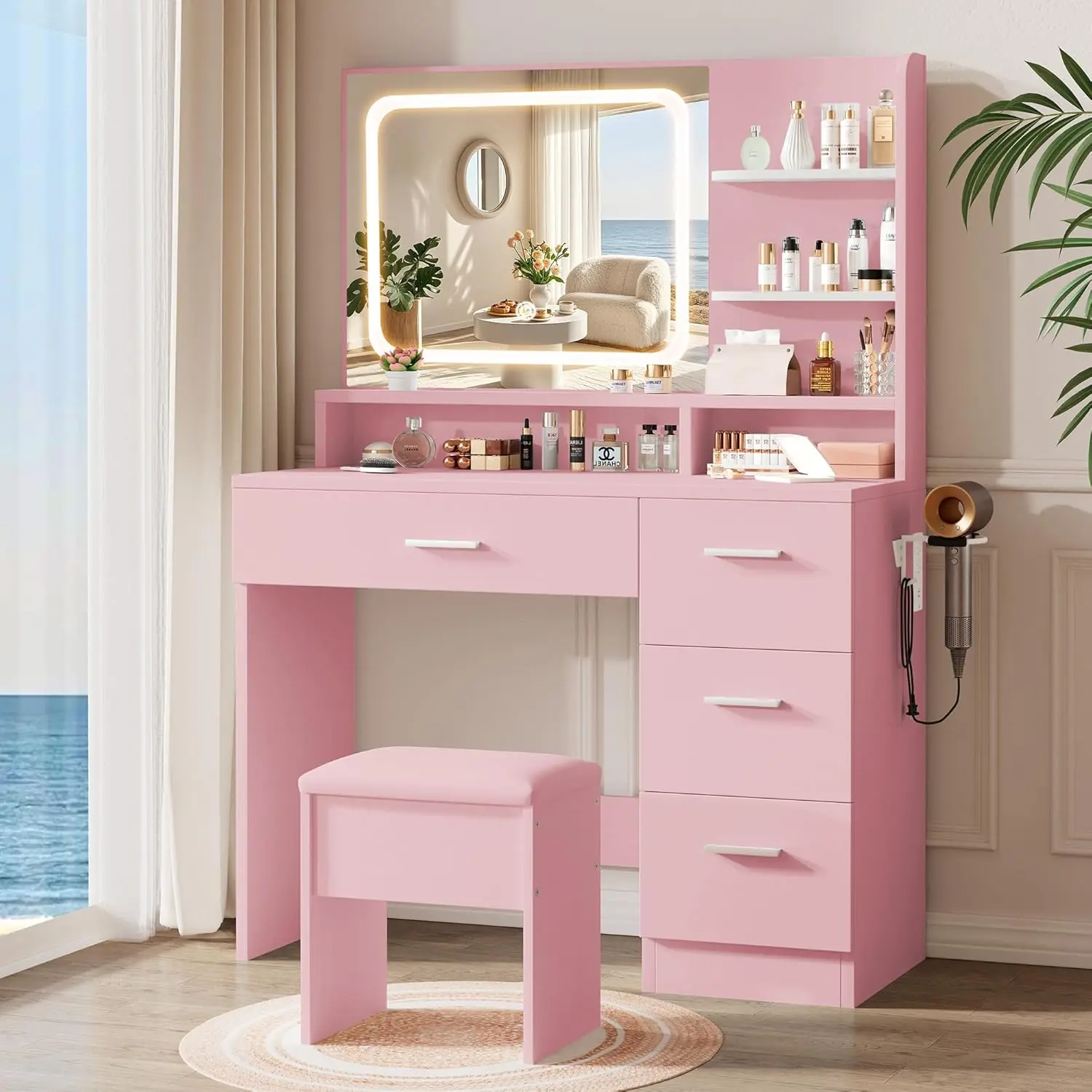 Colorful Small LED Table with Chair Set-Pink