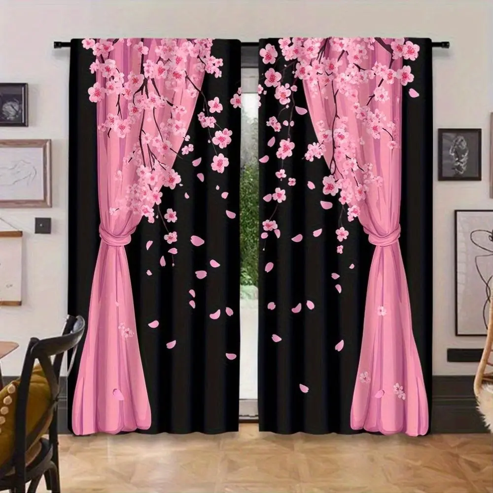 2 Piece Sakura Print Curtains, Romantic Design, Fashion Home Decor, Washable Lightweight Drapes, Easy Install Curtain, Living Room Bedroom Window Decoration, Curtain Panels