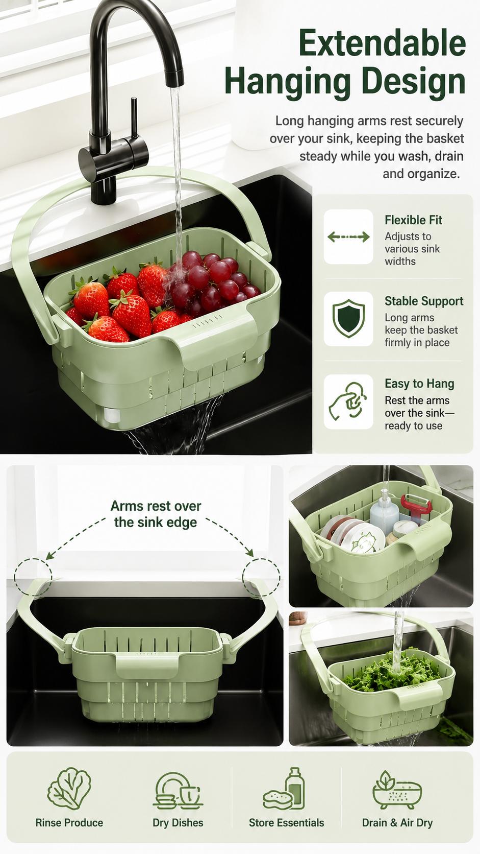Collapsible Hanging Drain Basket - Expandable Foldable Space Saving Kitchen Sink Organizer for Dishes and Produce