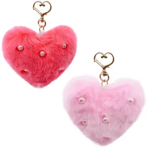 Melbelia Faux Fur Heart Pom Keychains for Women, 2Pcs Plush Heart Key Ring with Pearl, Soft Cute Car Key Chain Purse Handbag Charm Accessories for Women Girls Gifts(Red&Pink)