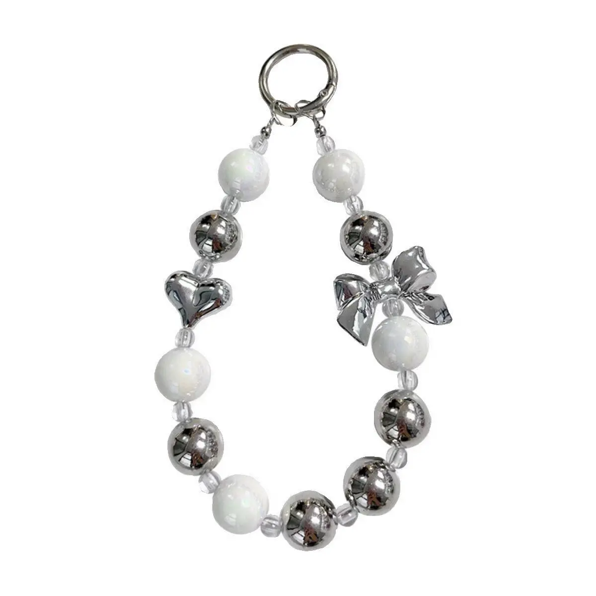 Sparkly Metallic Silver Beaded Cellphone Charm with Elegant Bow, Durable Lucky Wrist Strap Cord, Mobile Phone Accessories, Gift for Her, Universal Protection Lanyard