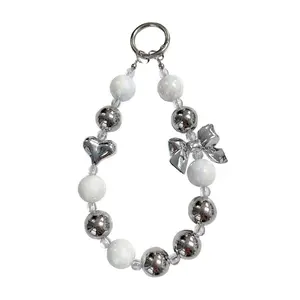 Sparkly Metallic Silver Beaded Cellphone Charm with Elegant Bow, Durable Lucky Wrist Strap Cord, Mobile Phone Accessories, Gift for Her, Universal Protection Lanyard
