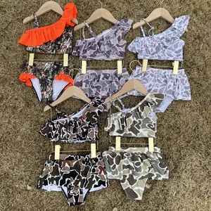 Girl Summer Swim Suit Ruffles Beach Wear 2pcs Camo Girl Swim Suit Girl Bikinis Set