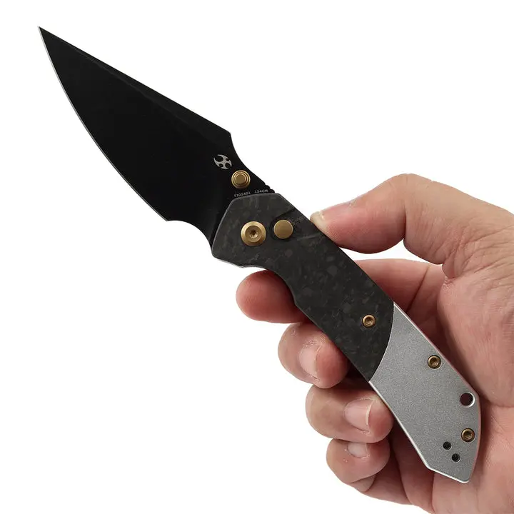 Kansept Fenrir Button Lock | Shred Carbon Fiber/G10/PC with Aluminum | 3.45'' 154CM | Sparrow Knife Design