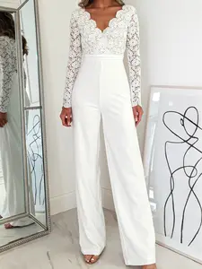White Scalloped V Neck Long Sleeve Lace Bodice High Waist Jumpsuit