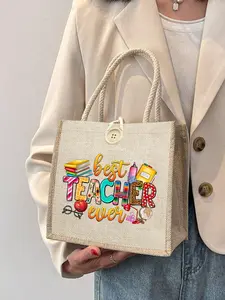Linen Floral Letter Print Handbag, Trendy Handbag, Travel Tote Handbag, Elegant Large Capacity Bag, Teacher's Day Gift, Portable Shopping Bag, Perfect for Women, Teachers, Friends