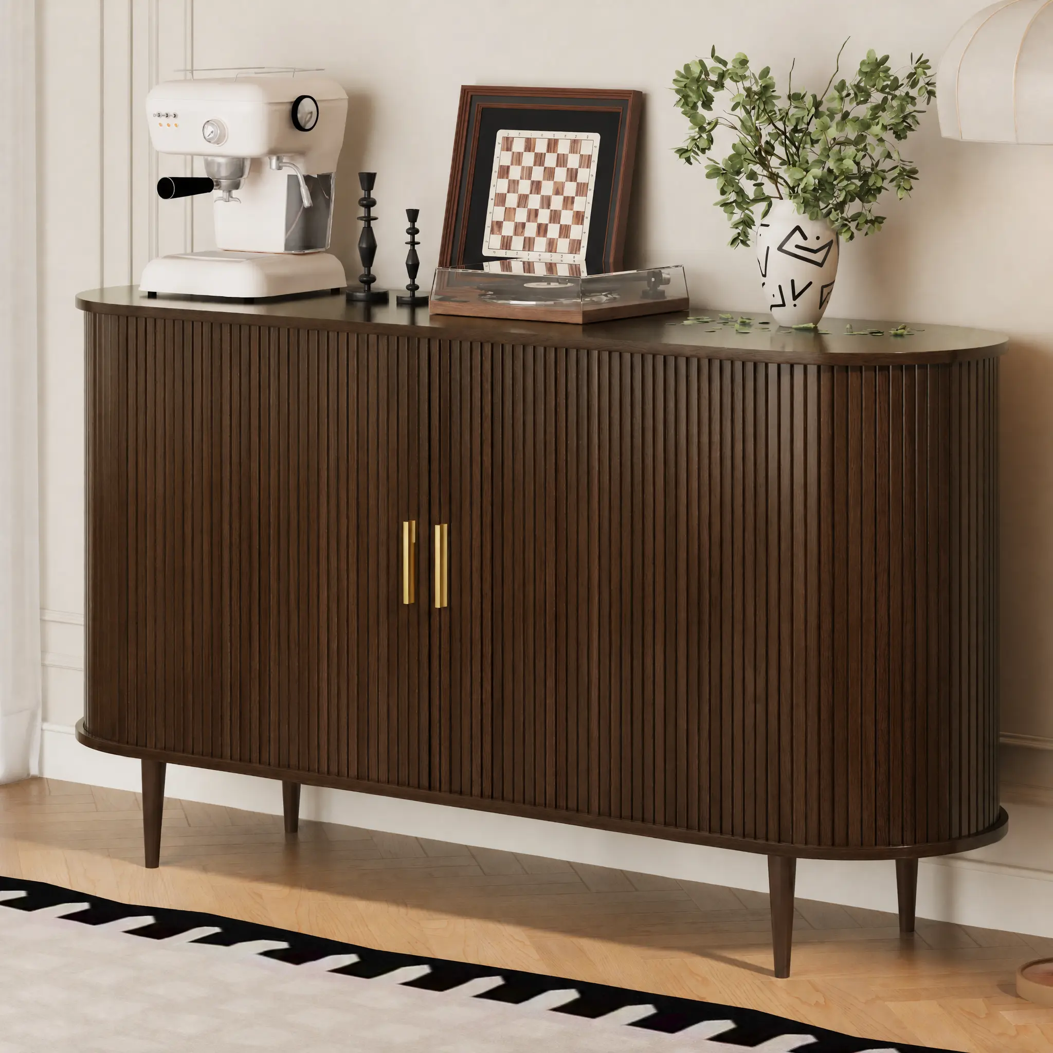【Deals for You Days】DHH 40"/55" Mid-Century Modern Fluted Sideboard Furniture, Curved Buffet wooden table legs Cabinet with Tambour Sliding Doors, Wood Console TV Stand & Coffee Bar for Kitchen Living Room（Walnut）
