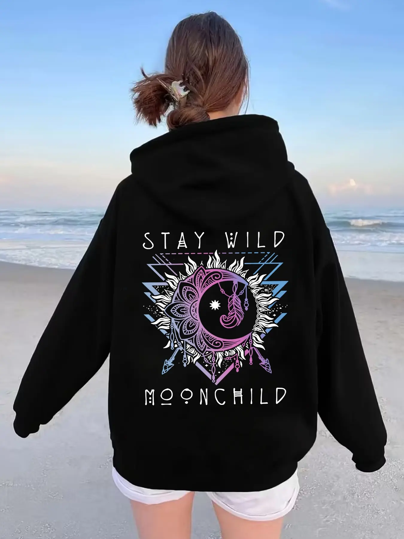 Boho Style Stay Wild Moonchild Graphic Hoodie, Bohemian Sweatshirts, Loose Fit Casual Long Sleeve Top, Fall & Winter Fashion for Women, Aesthetic
