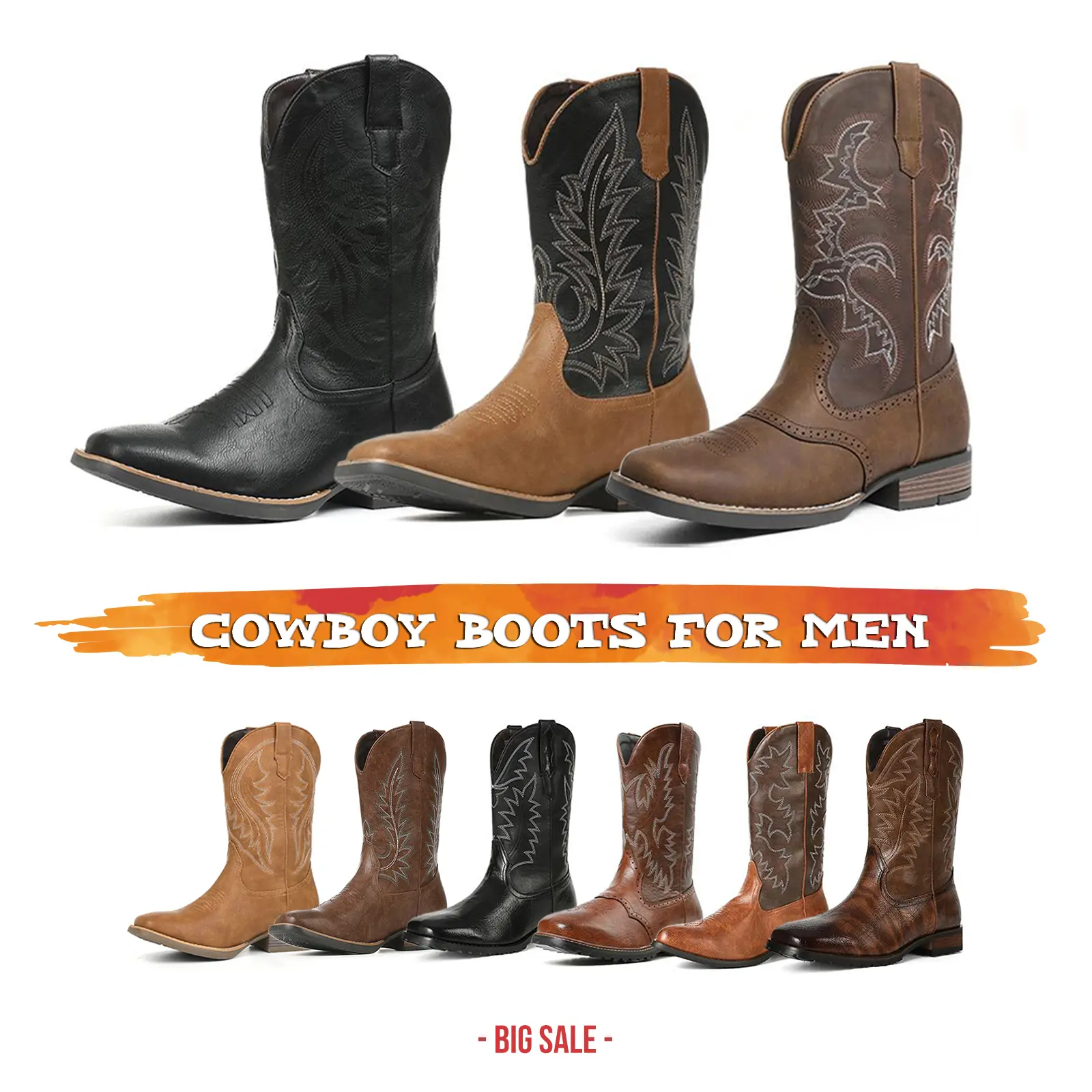 CYNLLIO Cowboy Boots for Men Square Toe Mens Western Work Boots Synthetic Leather Mid Calf Embroidered Chunky Heel Shoes Rivora Shoes