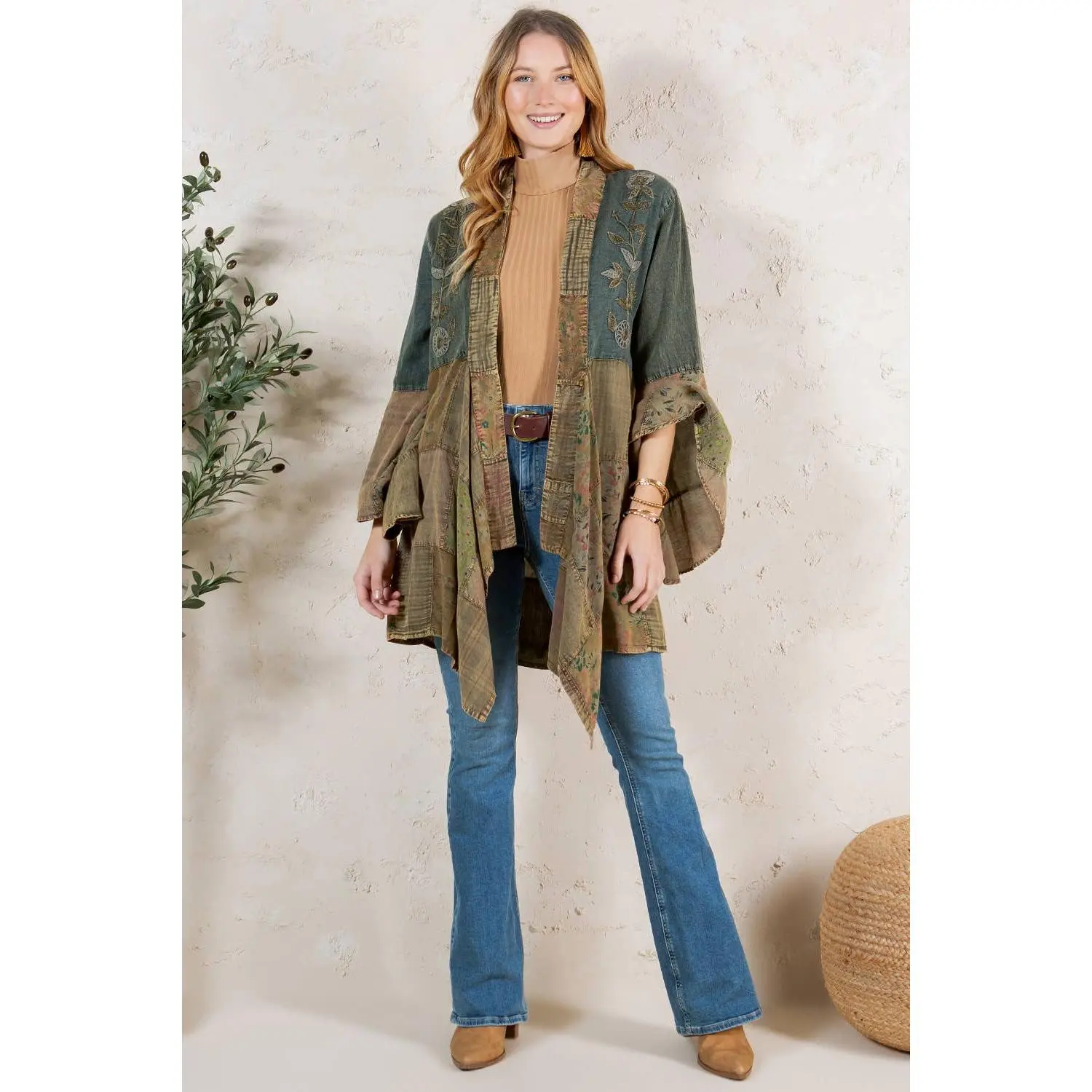 Women's Boho Motif Embroidered Denim Long Shrug - Soft Lightweight Rayon Blend Longline Duster with Full Sleeves, Drape, Casual, Clothes, Women's Clothes, Open Front, Denim-Rayon, Workwear, Embroidery, Artisanal Motifs, Piece, Lightweight Drap