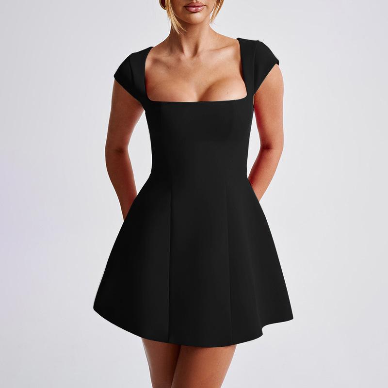 Women's T-neck Short Flutter Sleeve Waist-cinching A-line Elegant Dress Formal Womenswear Workwear Sleeveless Basic Black