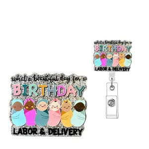 Labor & Delivery Retractable Badge Reel, 1 Count Cute Cartoon Birthday Name Badge Holder with Id Clip for Office Worker Nurse Doctor Student Employee, Badge Reels Retractable