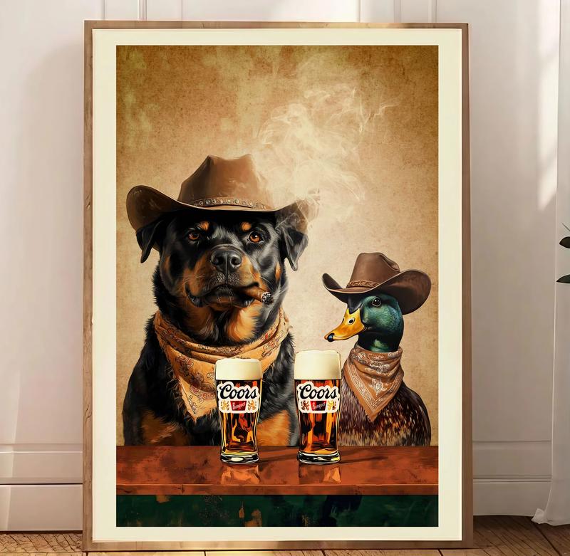 Dogs Cowboy light one up and chill Brew Print, Dogs Neutral Aesthetic Vintage Art, Funky Western Art Wall Art, Unique Gift for Men Dad frameless