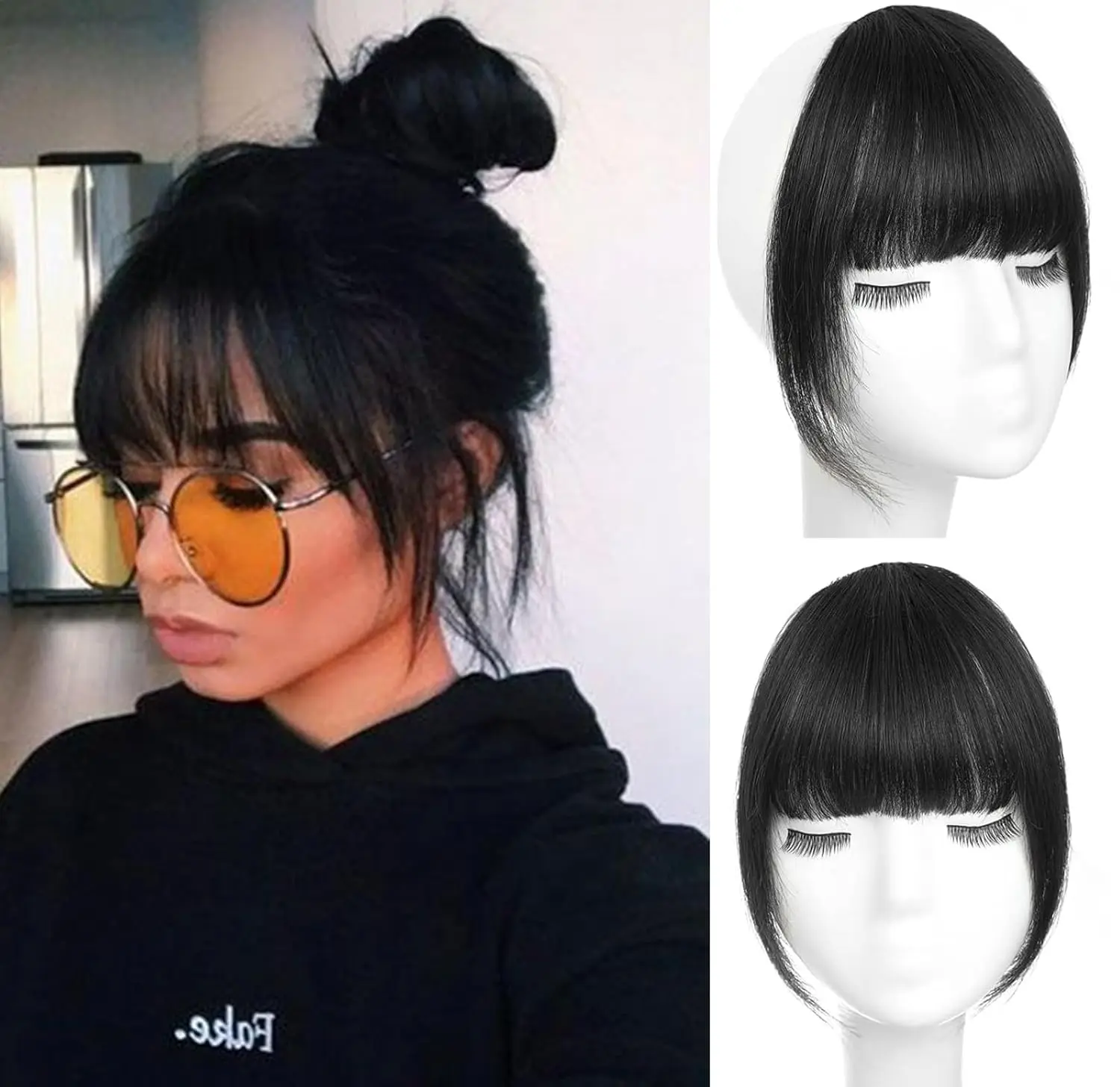 ORIGEN Clip in Bangs Real Human Hair Clip on Wispy Bangs Fringe with Temples Hairpieces Fake Front Bangs Extensions for Women Jet Black Color