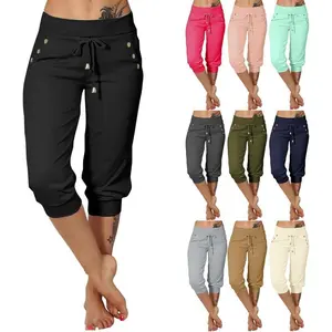 Women's cropped high waisted drawstring running pants with lightweight elasticity, casual hiking pants, cropped pants with pockets