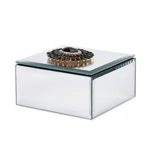 Square Glass Jewelry Box with Crystal Floral on Top Christmas Gifts