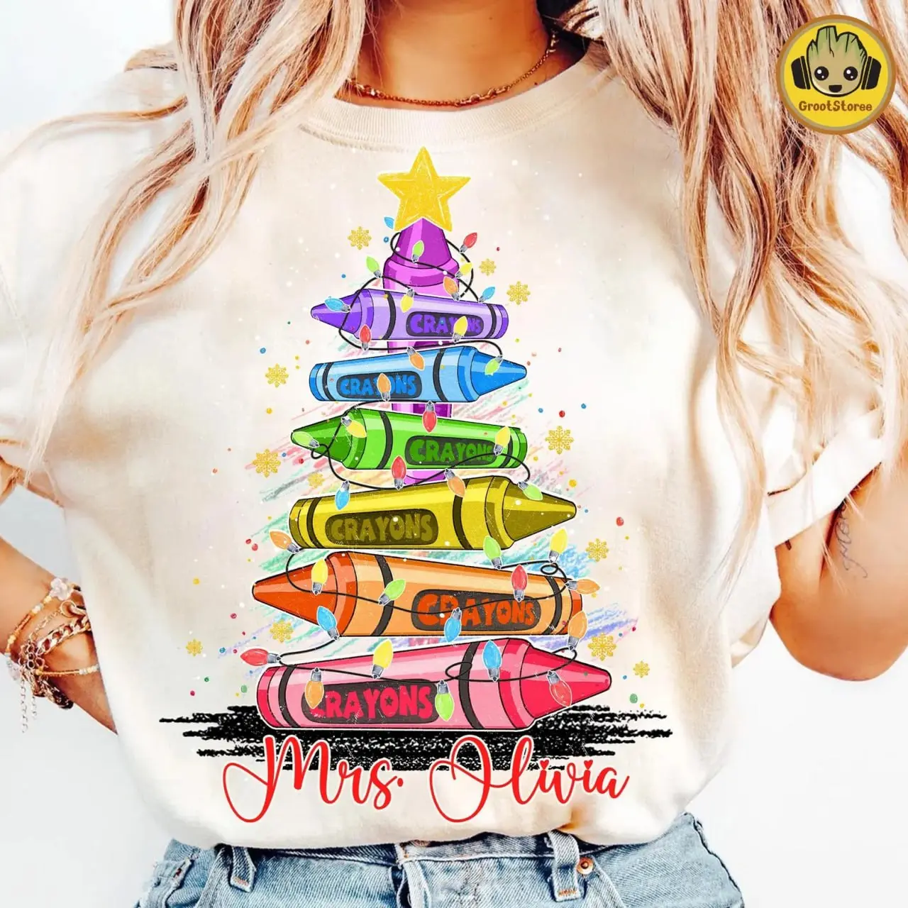 Personalized Teacher Christmas T-Shirt – Colorful Crayon Tree Graphic Tee with Custom Name, Fun Holiday Outfit for Educators and Kids, Festive Classroom Shirt, Unique Teacher Gift, Unisex