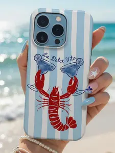Coastal Cocktail Phone Case, trendy preppy style, lobster martini glass illustration with striped background, durable lightweight protective shell, beachy gift idea
