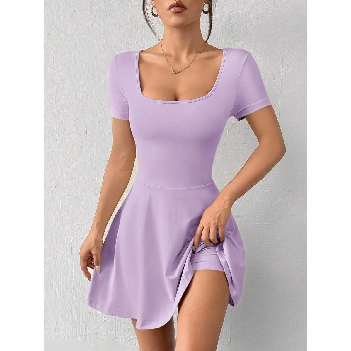 Women's Cropped Knitted Dress Lilac Square Neck Short Sleeve Casual Fit  Summer Wear Prom Dress Fuchsia One Shoulder White Bow Mini Polyester Basic  Minimalist - TikTok Shop