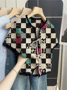 Women's khaki bohemian vacation short-sleeve knit top. Loose round neck, contrast check print, front tie and contrast piping. Comfortable for spring & summer casual wear.