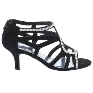 Easy Street Womens Flattery Rhinestone Glitter Kitten Evening Dress Sandals Mid Heel 2-3" - Black