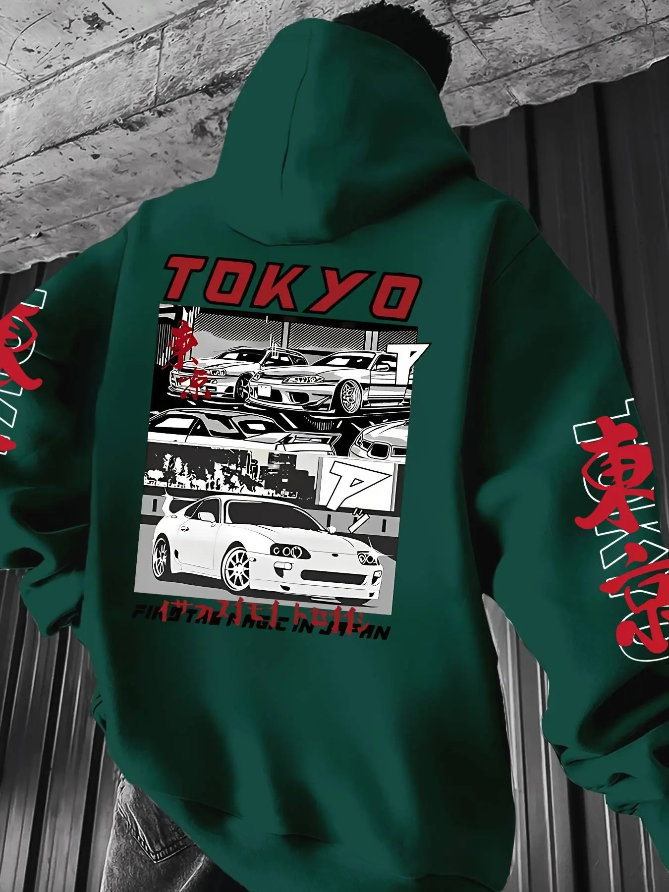 Men's Letter Car Tokyo Print Fleece Knit Hoodie, Casual Loose-Fit Long Sleeve Thick Fabric, Unisex Fall & Winter Hooded Sweatshirt, Stylish and Comfortable