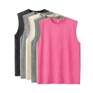 Men’s and women’s matching 5-pack vintage washed sleeveless tank tops, casual crewneck athletic T-shirts, suitable for fitness, workouts, streetwear, and summer styling (S–XXXL). Beige Gym