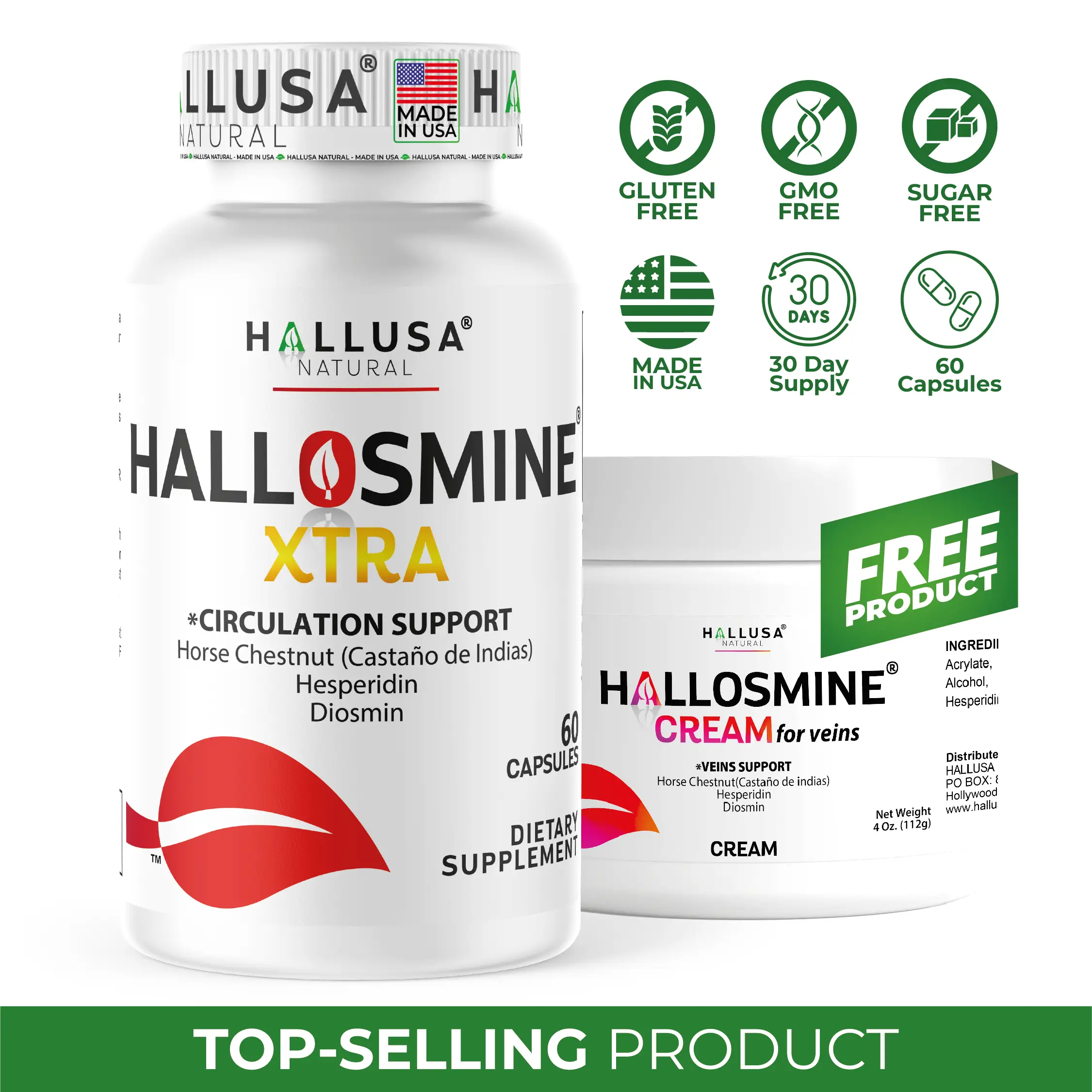 HALLOSMINE XTRA x 60 Capsules + FREE HALLOSMINE CREAM – Vein & Circulation Suppo...