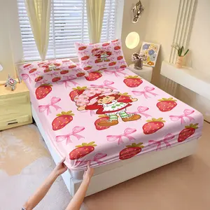 Cute Strawberry Girl Pink Bow Print Bed Sheet Set, 1 Fitted Sheet + 2 Pillowcases - 3 Piece, Soft Microfiber Fabric Coquette Style Deep Pocket, Sweet Girly Bedroom Decoration, Gift for Girls Women Strawberry Shortcake Fans