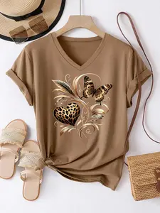Women's Casual Summer V-Neck Short Sleeve T-Shirt Top, Leopard Heart and Butterfly Print, Soft Elastic Fabric, Comfortable Everyday Wear