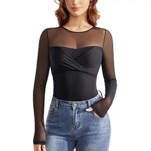 Avidlove Bodysuits for Women Long Sleeve Crew Neck Body Suit One Piece Sheer Leotard Twist Knot Going Out Tops