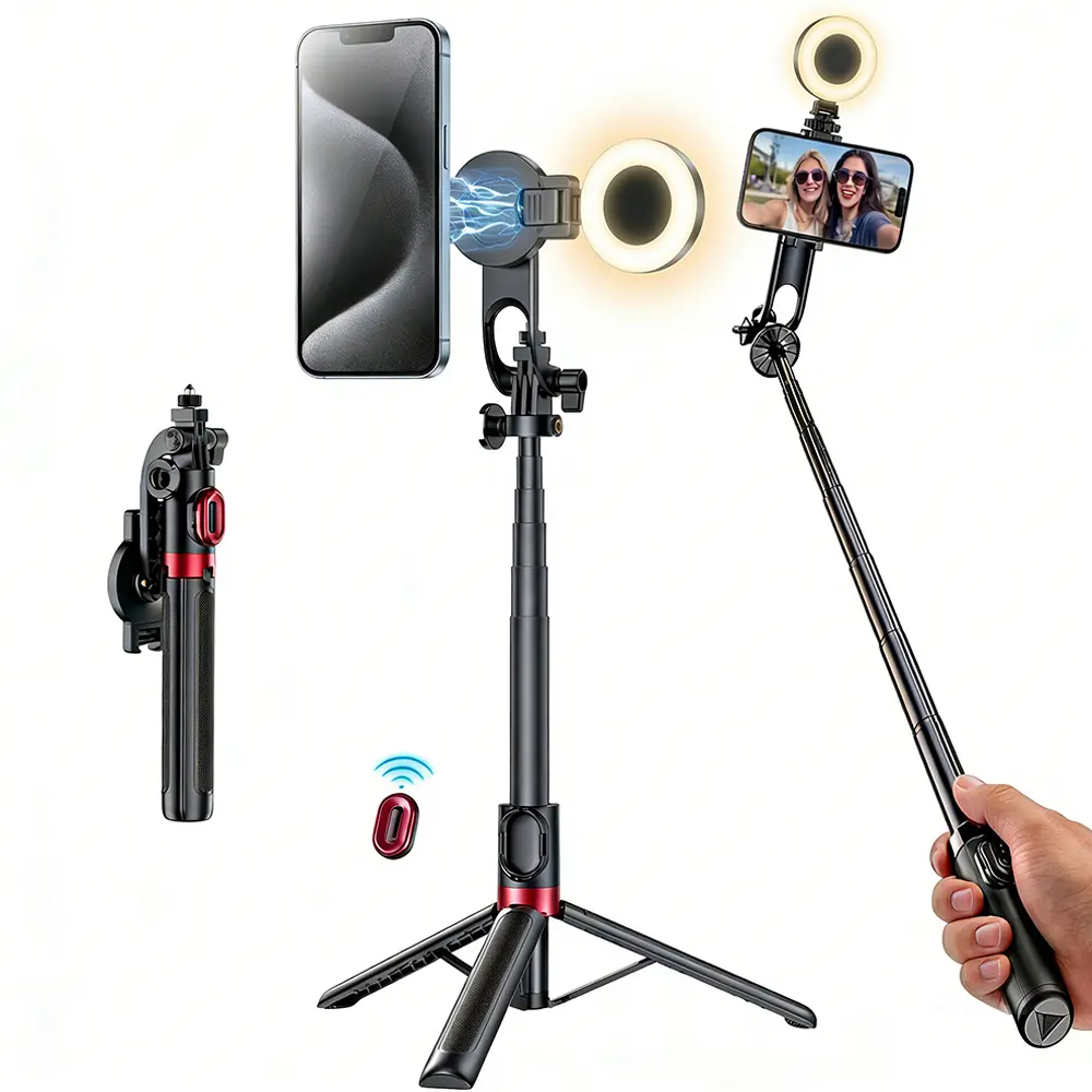 4-in-1 Magnetic Selfie Stick with Fill Light & Wireless Remote | Portable 360° Rotating Travel Phone Stand | Magnetic Phone Holder for Selfies/Video Recording/Vlogging, Compatible with Most Phone Modes