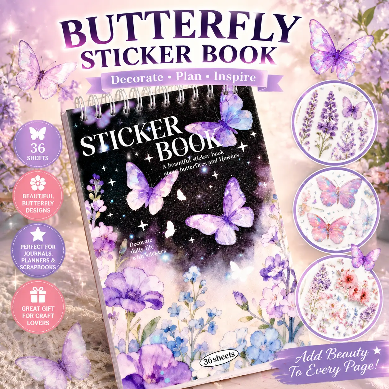 PET Butterfly Flower Sticker Book 300+ Pcs, Waterproof Aesthetic Purple Butterfly Floral Stickers for Journal Scrapbooking DIY Craft Planner Decor