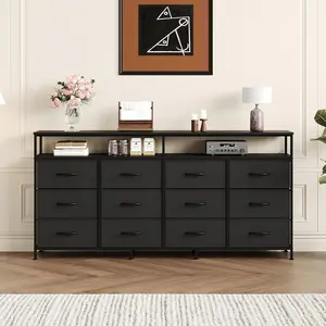 63 Inches Long Dresser TV Stand with 12 Drawer for Bedroom - Chest of Drawers with Open Shelves - Entertainment Center with Storage for Living Room