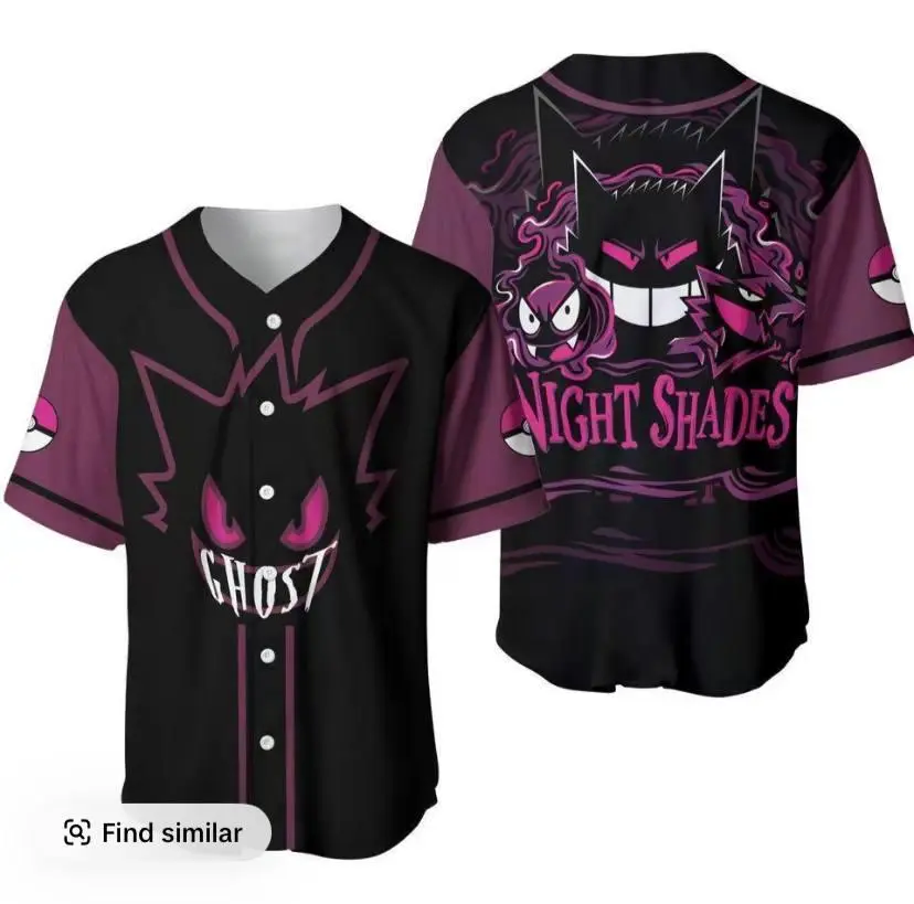 Full Print Vintage Gengar Baseball Jersey Shirt, Retro Cute Gengar Anime Baseball Jersey Shirt, Print Baseball Jersey, Jersey for Men and Women, Baseball Jersey Style