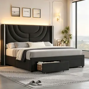 No Mattress Included, LED Upholstered Platform Bed Frame with Storage Drawers, Wingback Tufted Headboard, Solid Wood Slat Foundation, Box Spring Not Required, Detachable Splicing Headboard