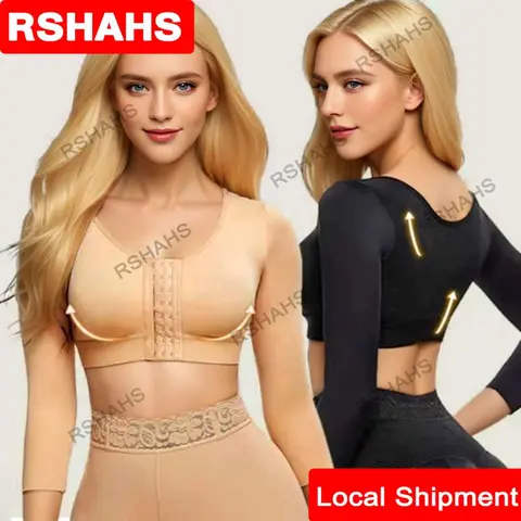 Women Arm Shapers Soft Intimates Daily Underwear Body Shaper Long Sleeves Front Entry Push Up Wire-Free Sports Bra with Hooks Black Shapewear Womenswear Nylon Tummy Control Bodysuit Tummy Control Compression Minimalist Basic White