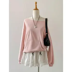 Pink Asymmetrical Neck Pocket Ribbed Cuff & Hem Casual Sports Pullover Sweatshirt,Long Sleeve Tops Graduation