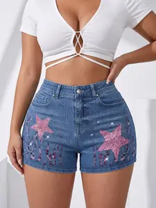 Jeanius Women's High Waisted High Stretch Denim Shorts, Sparkly Pink Glitter Star & Flame Print Light & Dark Wash, Slimming, True To Size, Casual Summer Streetwear Y2K Aesthetic Bottoms, Perfect for Everyday Wear & Festival Looks outdoorfun