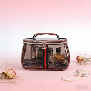 Retro Transparent Vanity Bag, Clear Makeup Organizer with Leather Trim, Large Capacity Waterproof Toiletry Pouch, Travel Skincare Storage Case