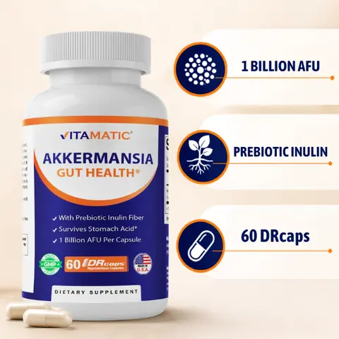 Vitamatic Akkermansia Muciniphila Edible Dietary Supplement - 60 Delayed-Release DR Capsules with Prebiotic Inulin Fiber, Digestion Healthcare Supplement for Adults